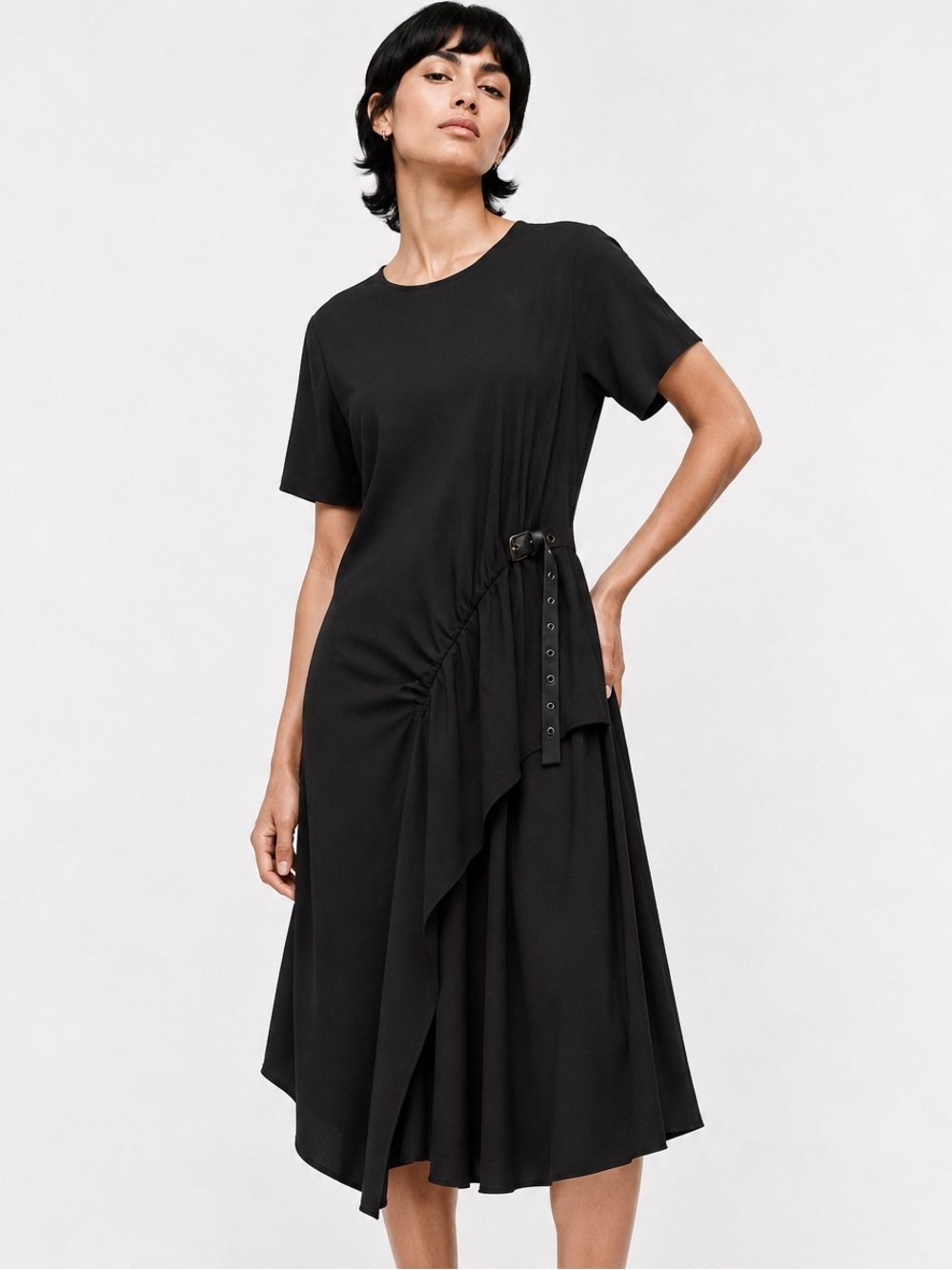 Asymmetric dress with buckles and drape-8